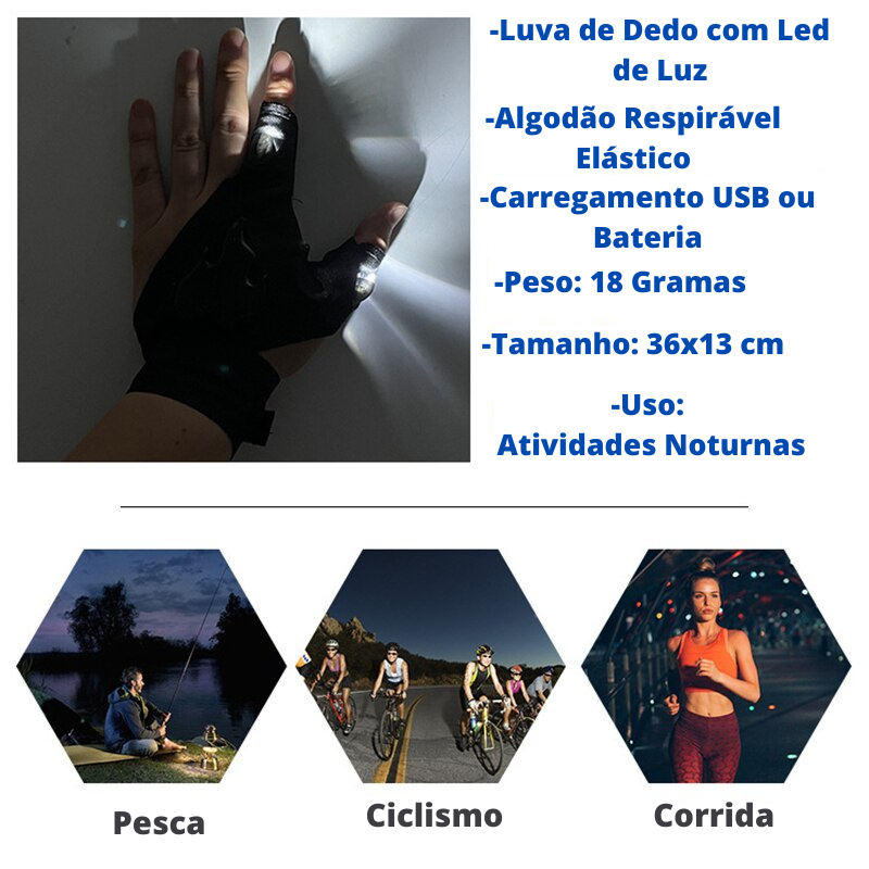 Luva Com Luz de LED Dois Dedos Mágicos Pesca Ciclismo, Caminhada, Manicure.